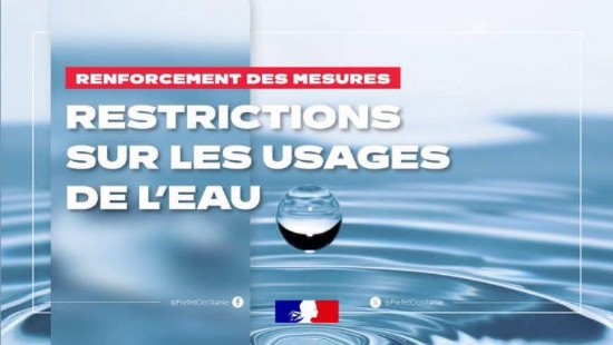 Peut être une image de texte qui dit ’RENFORCEMENT DES MESURES RESTRICTIONS SUR LES USAGES DE L'EAU @PrefetOccitanie @PrefetOccitanie fetOcotanie’